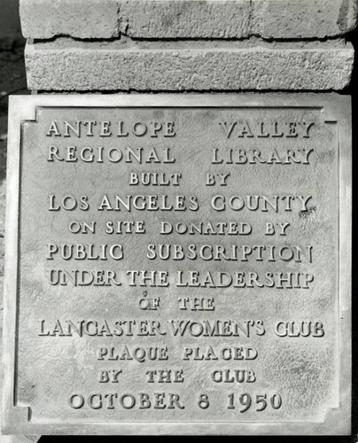 1950 Lancaster Library dedication plaque, Lancaster, California