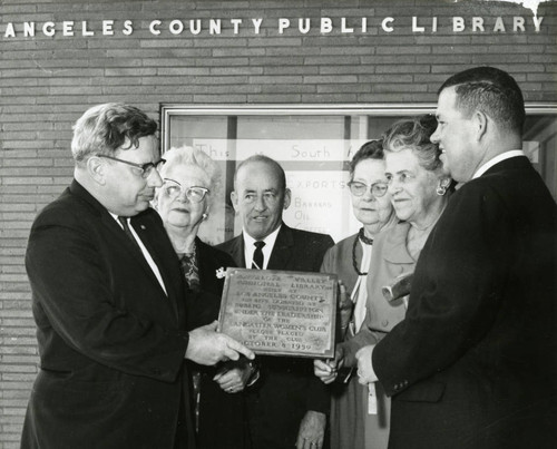 Library plaque (1950; removed 1964) from the Fig Avenue location in Lancaster