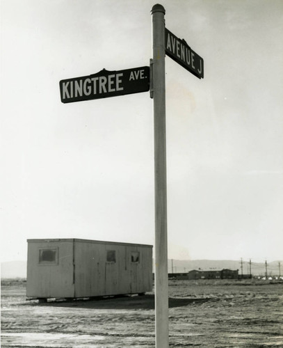 Lancaster Library building site and street sign, Kingtree Avenue and Avenue J