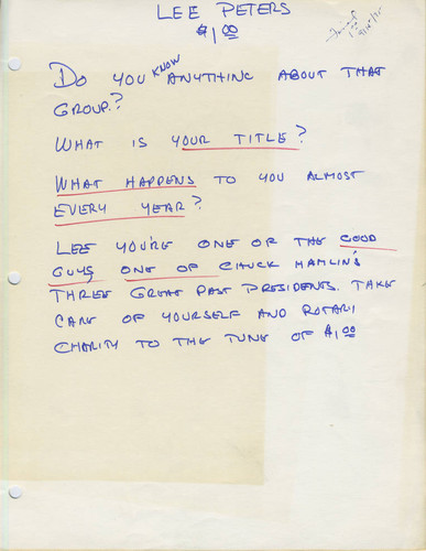 Donation note to Leon Peters from Rotary