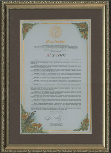 Resolution by California State Senators and Assemblypersons honoring Alice Peters for Common Threads Award
