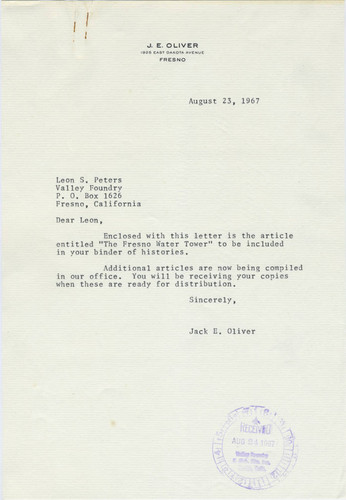 Letter to Leon Peters from Jack Oliver about Fresno Water Tower