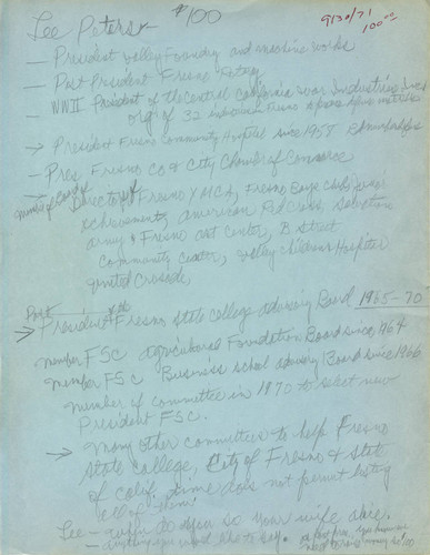 Handwritten biographical note on Leon Peters from Rotary Club