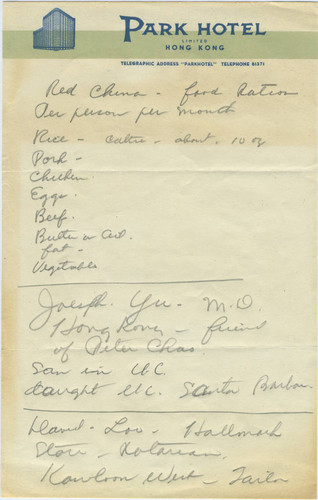 Handwritten note from Hong Kong