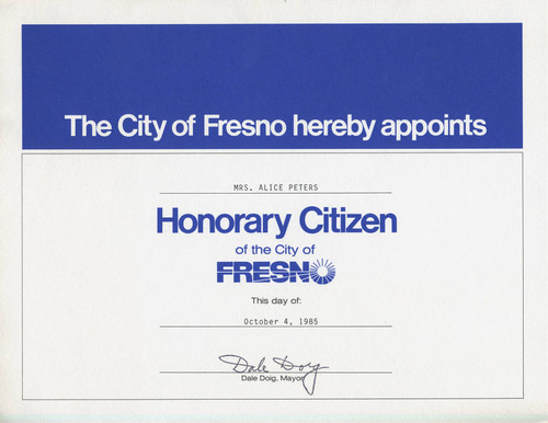 Honorary Citizen Award from the City of Fresno