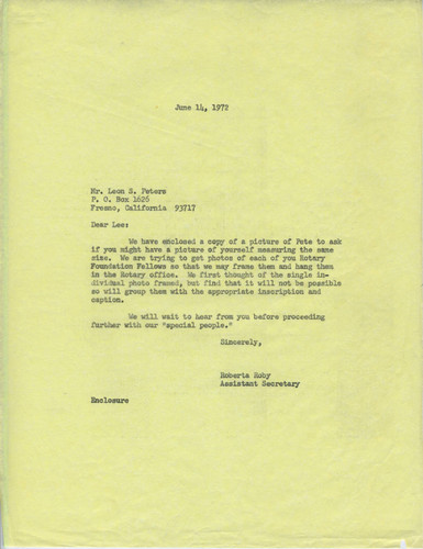 Roberta Roby letter to Leon Peters regarding photo for Rotary Club