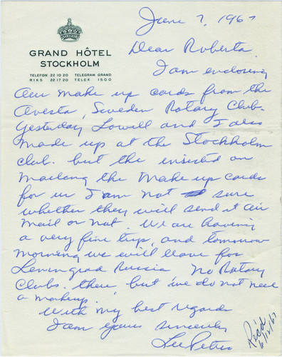 Leon Peters letter from Sweden for Rotary Club