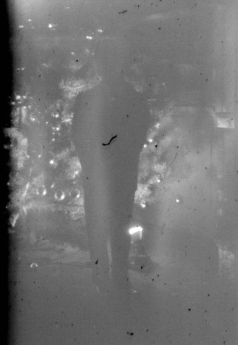 Unidentified young man (Peters relative?) standing in front of a Christmas tree