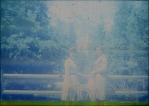 Alice Peters and unidentified woman standing on a bridge in Yosemite