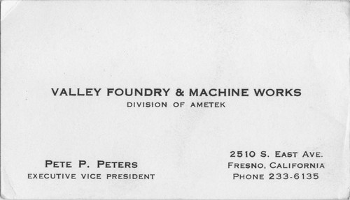 Pete Peters busines card