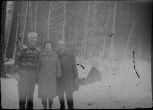 Leon and Alice Peters with unidentified man (Peters relative?) standing in the snow
