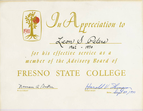 Certificate of appreciation for service on Advisory Board