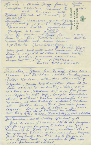 Handwritten notes on Sweden from Northern Europe vacation