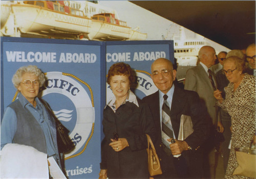 Leon and Alice Peters with unidentified woman, boarding cruise ship