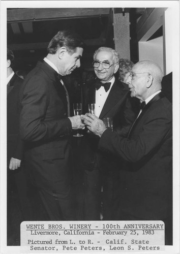 Leon and Pete Peters with unknown California state senator at the Wente Bros. 100th anniversary