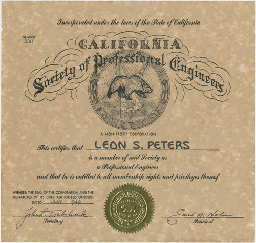Society of Professional Engineers membership certificate
