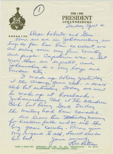 Leon Peters letter from Johannesburg for Rotary Club