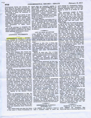 Congressional Record: Remembering Alice Peters