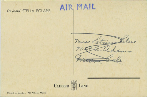 Postcard to Patricia Peters from M.S. Stella Polaris during Northern Europe vacation