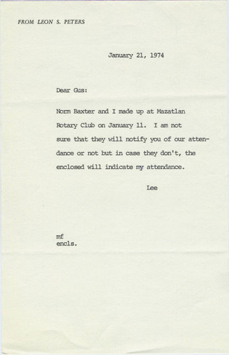 Leon Peters letter about Mazatlan Rotary Club