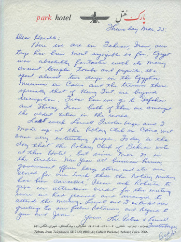 Leon Peters letter from Tehran for Rotary Club
