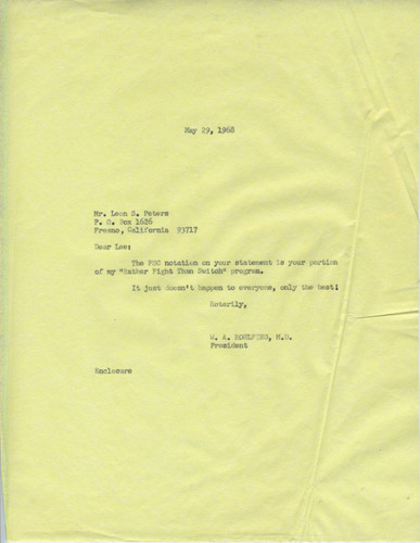 WA Rohlfing letter to Leon Peters for Rotary Club