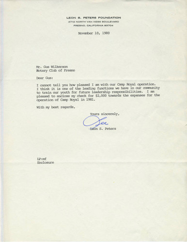 Leon Peters letter regarding gift to Camp Royal