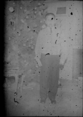 Unidentified young man (Peters relative?) standing in front of a Christmas tree