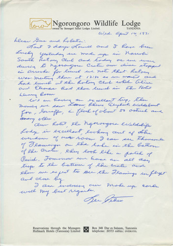 Leon Peters letter from Tanzania for Rotary Club