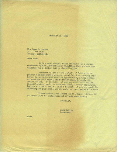 Dave Harris letter to Leon Peters regarding Senior Active membership in Rotary