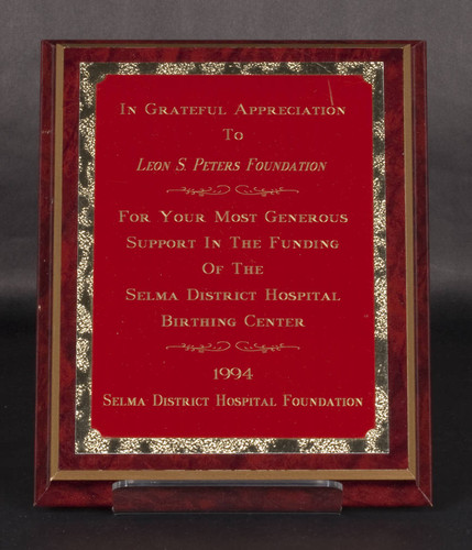 Selma District Hospital Foundation gift plaque