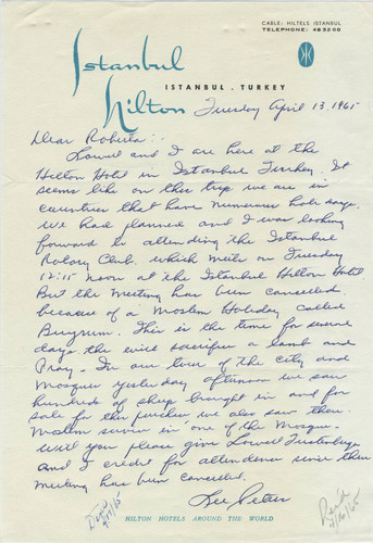 Leon Peters letter from Istanbul for Rotary Club