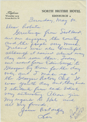 Leon Peters letter from Edinburgh for Rotary Club