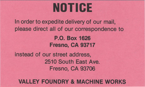 Valley Foundry and Machine Works mailing notice