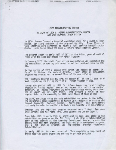 History of the Leon S. Peters Rehabilitation Center