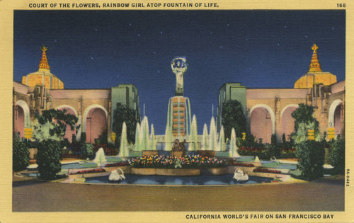 Court of the Flowers, Rainbow Girl atop Fountain of Life, California World's Fair on San Francisco Bay