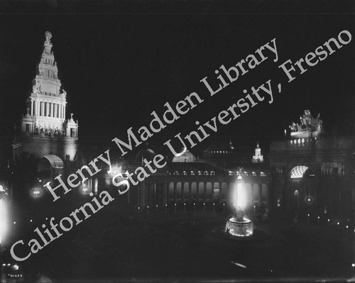 Night view of Court of the Universe and Tower of Jewels looking south