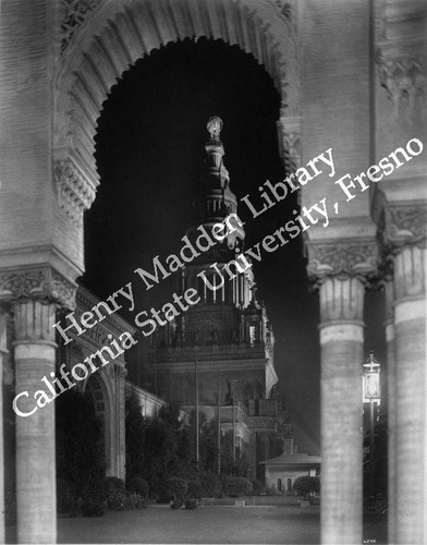 View of Tower of Jewels through arch at night