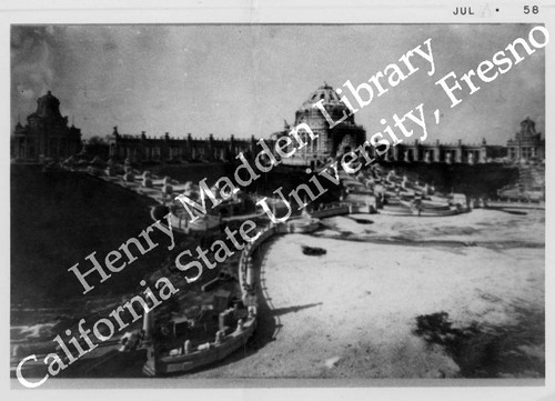 Side view of Festival Hall and colonnade under construction