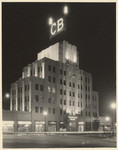 [Exterior night shot full front view California Bank building, 9441 Wilshire Boulevard, Beverly Hills]