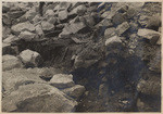 Detail view of foundation below rock-fill. Sacks showing were originally used for stream control when building toe-wall. Strawberry Dam - Oct. 14, 1914