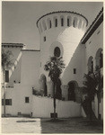 [Exterior tower view at south east corner Santa Barbara Courthouse, 1100 Anacapa Street, Santa Barbara]