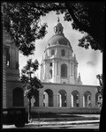 Pasadena City Hall, tower through trees (2 views)