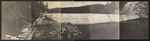 Strawberry Dam. Sept. 15, 1916. Panoramic view showing permanent spillway, spillway lip, and left abutment of dam, also complete apron showing steel extended for parapet and reinforced apron with cement gun facing