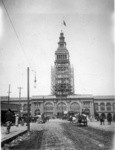 [Ferry Building during reconstruction. From foot of Market St. at Sacramento St.]