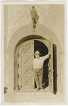 Death Valley Scotty in entrance of his castle tower, Death Valley, Calif.