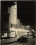 [Exterior night shot full front view Vogue Theatre, 6675 Hollywood Boulevard, Los Angeles]