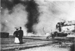 [Street scene of onlookers during fire. Near Ferry Building?]