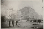 [Street scene of fire burning near Battery, Bush and Market Sts.]