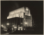 [Exterior night shot front corner view Los Angeles Times building, 1st and Spring Street, Los Angeles]